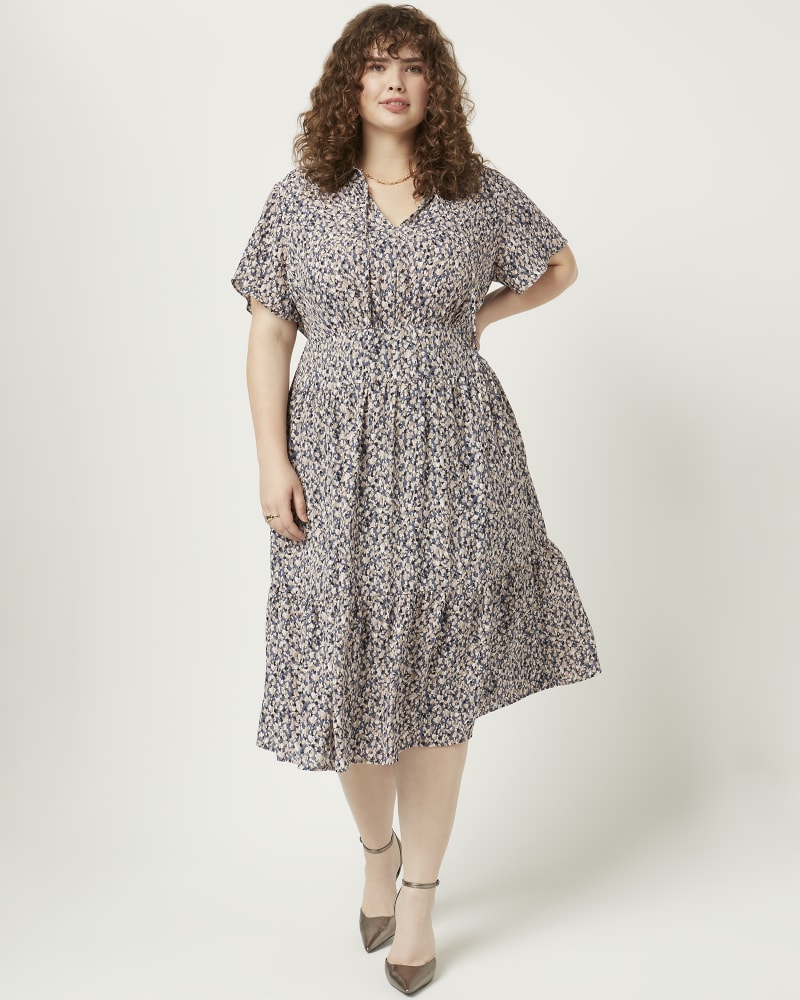 Front of a model wearing a size 1X Livia Collared Shirt Dress in Cornflower Blue / Tan by Molly & Isadora. | dia_product_style_image_id:216104
